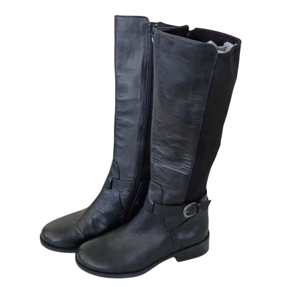 E TOO Black Leather Knee High Riding Boots Low Block Heel Buckle Detail 9
